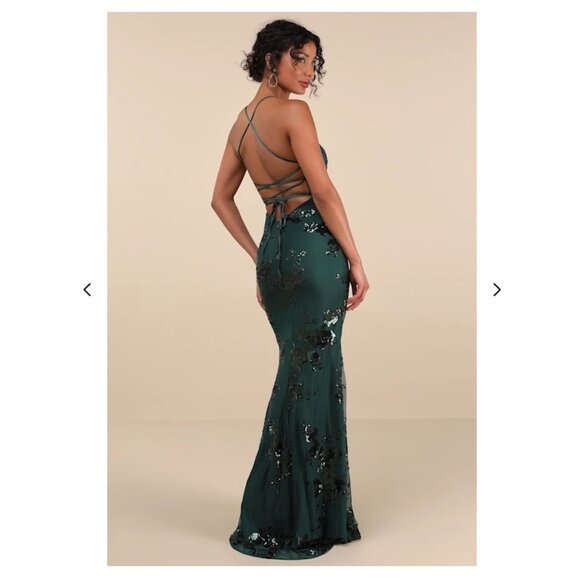 SOLD OUT! Lulus Valhalla Forest Green Sequin Lace-up Maxi Prom Dress - Size M - Picture 3 of 5
